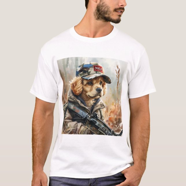 Camiseta Perro Guay MAGA con arma y cachorro de camuflaje (Anverso)