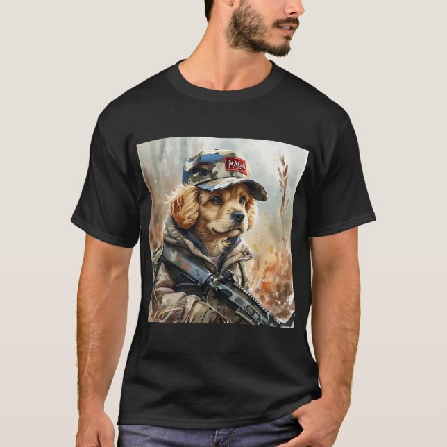 Camiseta Perro Guay MAGA con arma y cachorro de camuflaje (Anverso)