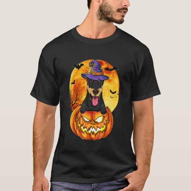Camiseta Perro Halloween de la Calabaza de Brujas Doberman (Anverso)