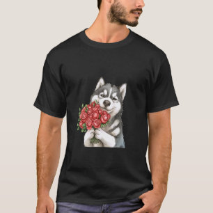 Camiseta Perro Husky Adorable Sosteniendo Rosas Rojas Arte