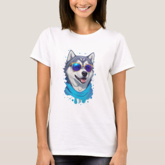 Camiseta Perro Husky con vidrios de sol en salpicaduras lúg