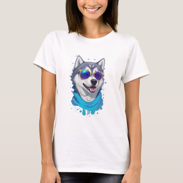 Camiseta Perro Husky con vidrios de sol en salpicaduras lúg (Anverso)