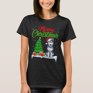 Camiseta Perro Husky Siberiano Árbol de Navidad Luz Gracios