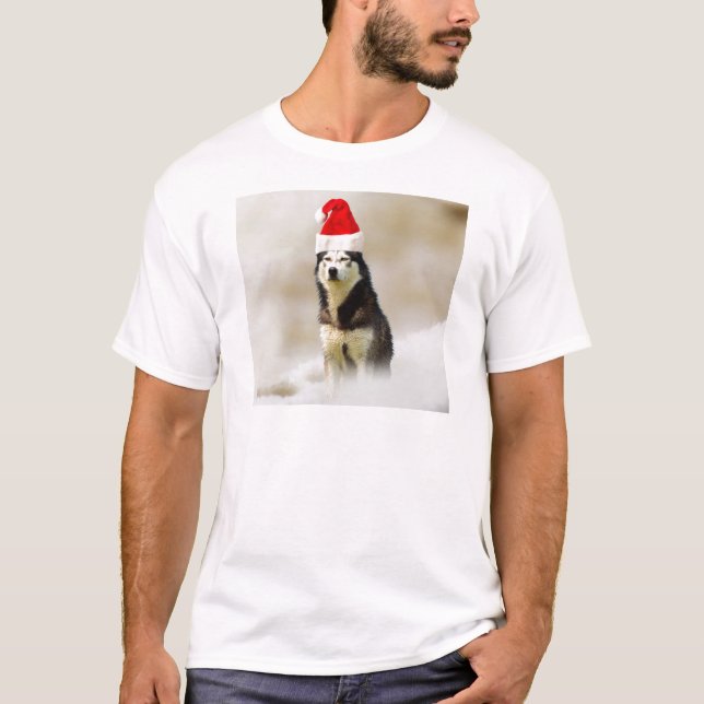 Camiseta Perro Husky Siberiano con Sombrero de Nieve (Anverso)