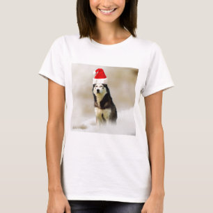 Camiseta Perro Husky Siberiano con Sombrero de Nieve