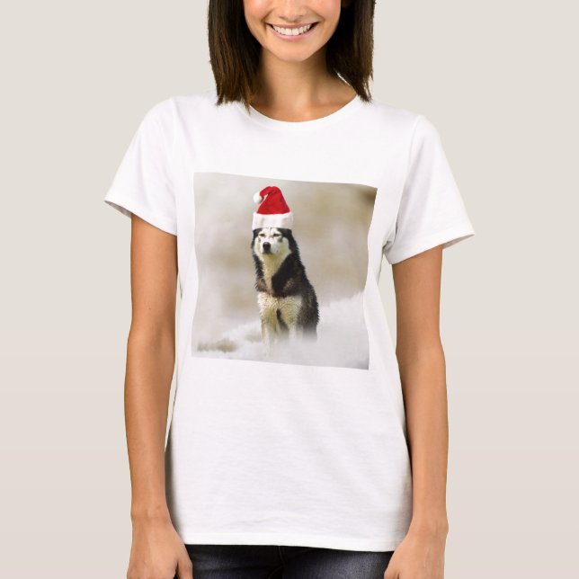 Camiseta Perro Husky Siberiano con Sombrero de Nieve (Anverso)