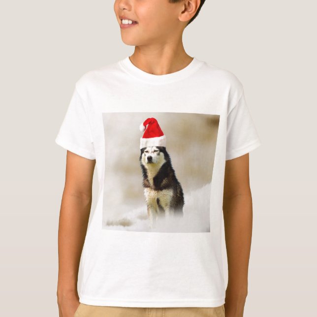 Camiseta Perro Husky Siberiano con Sombrero de Nieve (Anverso)