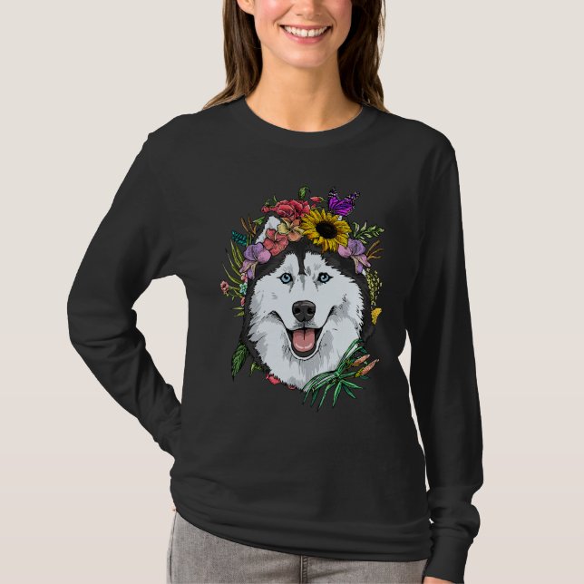 Camiseta Perro Husky Siberiano Floral Botánico Planta Flor  (Anverso)