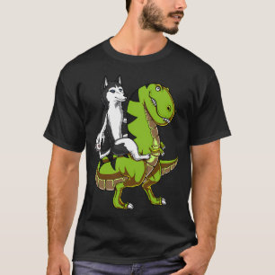 Camiseta Perro Husky Siberiano Montando Dinosaurio T-Rex