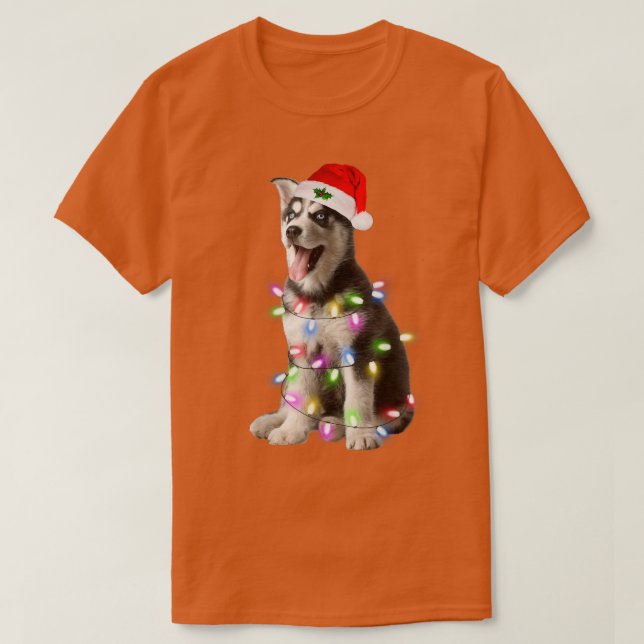 Camiseta Perro Husky Siberiano Santa Christmas Tree Luces X (Diseño del anverso)
