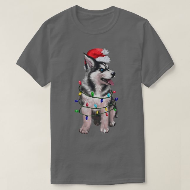 Camiseta Perro Husky Siberiano Santa Hat Iluminación de árb (Diseño del anverso)