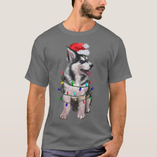 Camiseta Perro Husky Siberiano Santa Hat Iluminación de árb