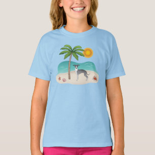 Camiseta Perro Iggy Blanco y Azul en una Playa Tropical de