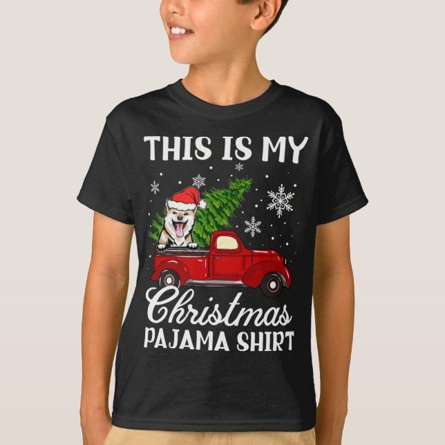 Camiseta Perro Inu Shiba Montando Camión Rojo Con Árbol De  (Anverso)