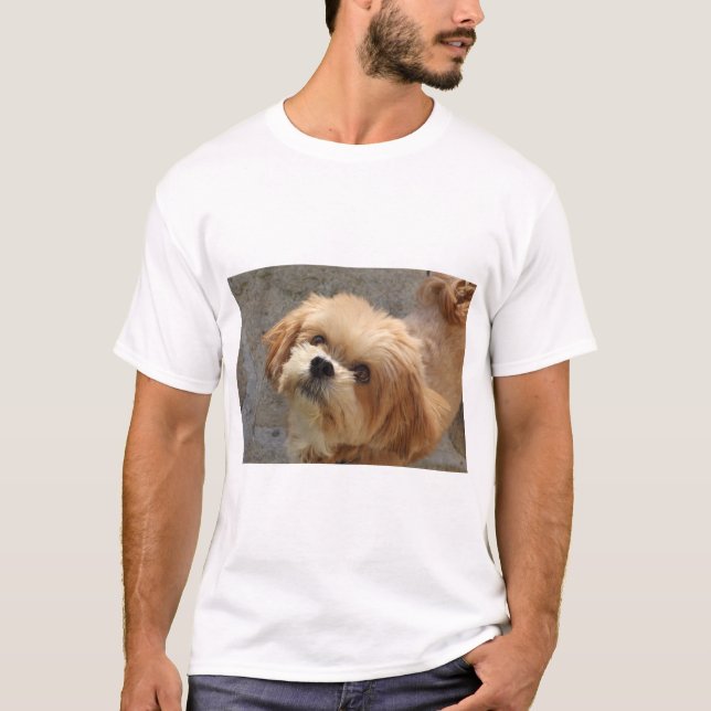 Camiseta Perro Lhasa Apso en un jardín (Anverso)