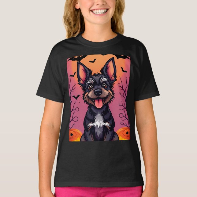 Camiseta Perro lindo en escena de Halloween con calabazas (Anverso)