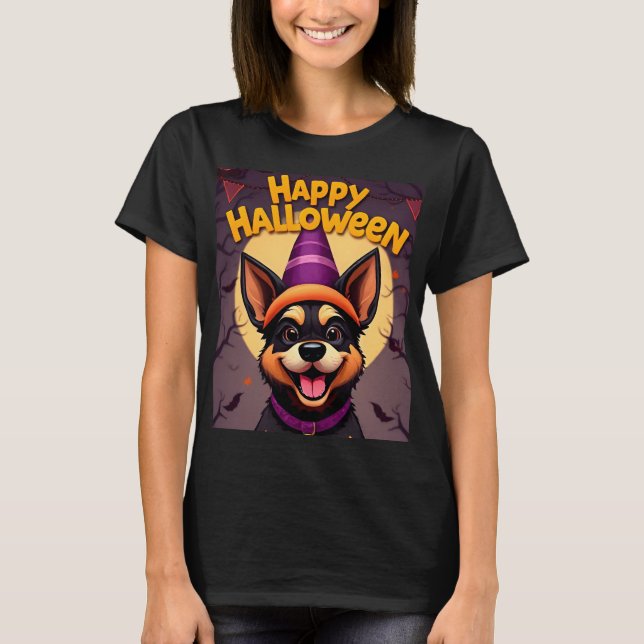 Camiseta Perro lindo en escena de Halloween con calabazas (Anverso)