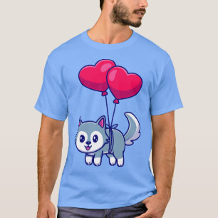 Camiseta Perro lindo Husky flotando con globos cardíacos