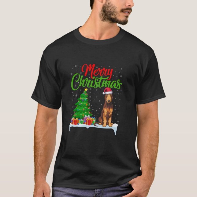 Camiseta Perro lobo irlandés árbol de Navidad iluminado per (Anverso)
