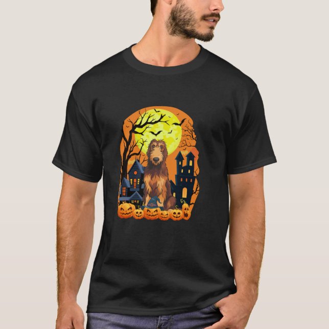 Camiseta Perro lobo irlandés con calabaza cómica Scary Hall (Anverso)