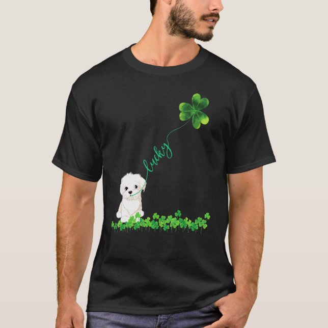Camiseta Perro Maltés Afortunado Shamrock St Patrick Day T  (Anverso)