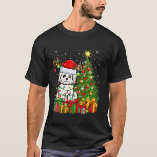 Camiseta Perro maltés árbol de Navidad iluminando Santa Hat