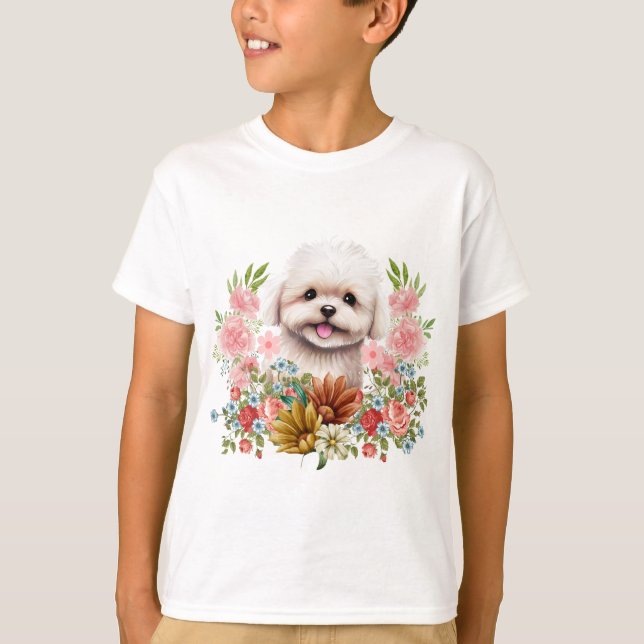 Camiseta Perro maltés con flores, cachorro maltés dulce (Anverso)