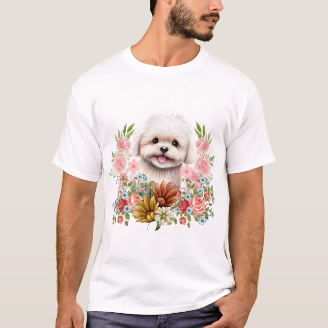 Camiseta Perro maltés con flores, cachorro maltés dulce (Anverso)