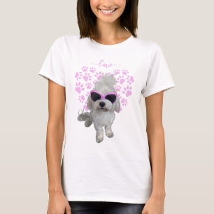 Camiseta Perro maltés de moda con anteojos rosados e impres
