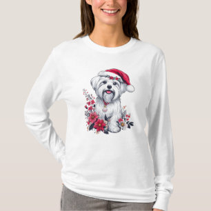 Camiseta Perro maltés floral festivo con perro de navidad d
