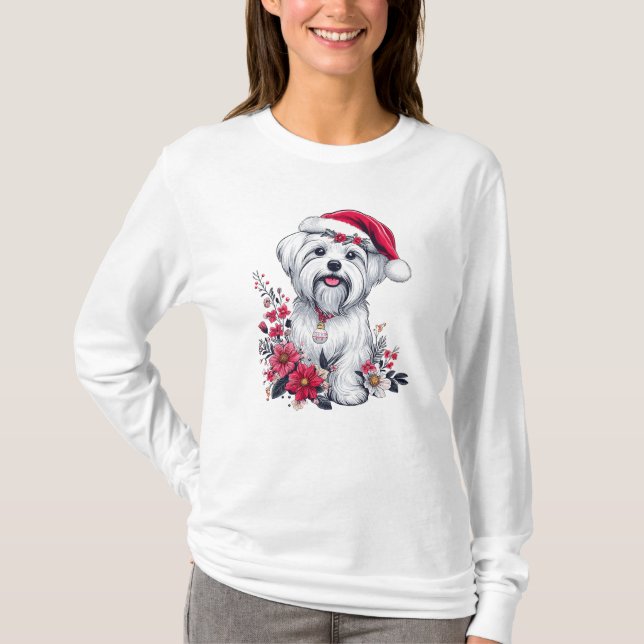 Camiseta Perro maltés floral festivo con perro de navidad d (Anverso)