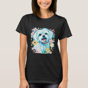 Camiseta Perro maltés lindo Retro vintage Floral Boho Color