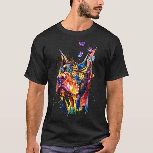 Camiseta Perro Mariposas Salpicaduras Doberman Pinscher (Anverso)