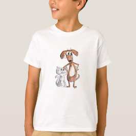 Camiseta Perro marrón alegre y gato gris