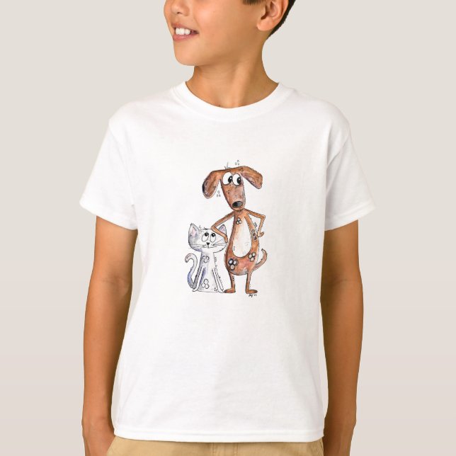 Camiseta Perro marrón alegre y gato gris (Anverso)
