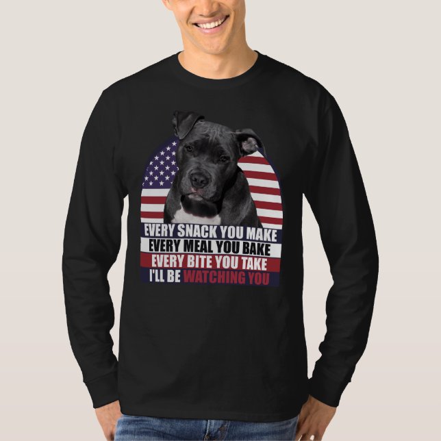 Camiseta Perro negro de Pitbull con la bandera estadouniden (Anverso)