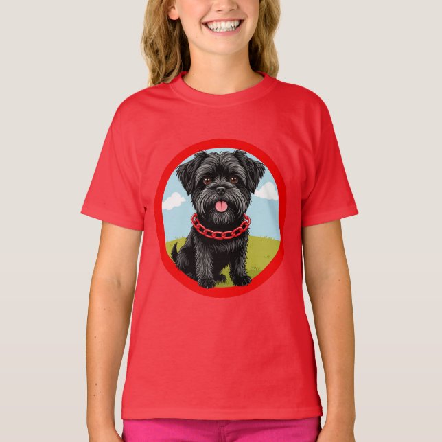 Camiseta Perro negro lindo con collar rojo en estilo de dib (Anverso)
