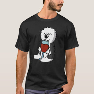 Camiseta Perro Old English Sheepdog bebiendo vino