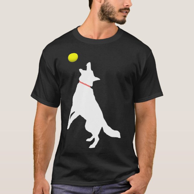 Camiseta Perro pastor alemán blanco GSD atrapando amarillo (Anverso)