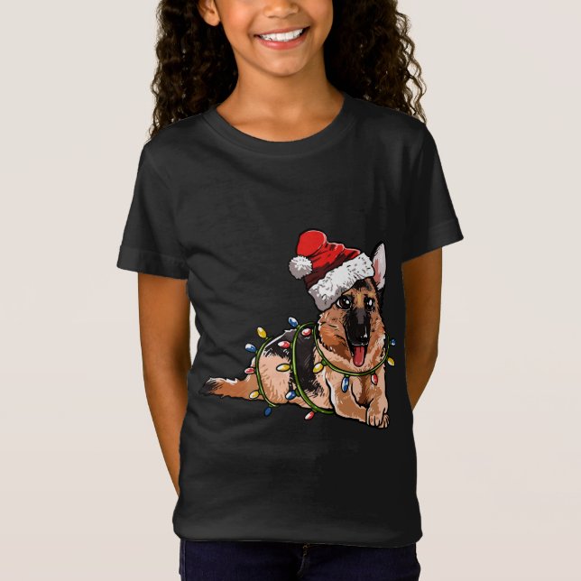 Camiseta Perro pastor alemán lindo Santa Navidad árbol luz (Anverso)