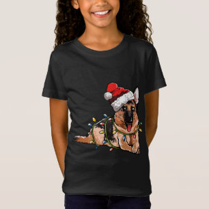Camiseta Perro pastor alemán lindo Santa Navidad árbol luz