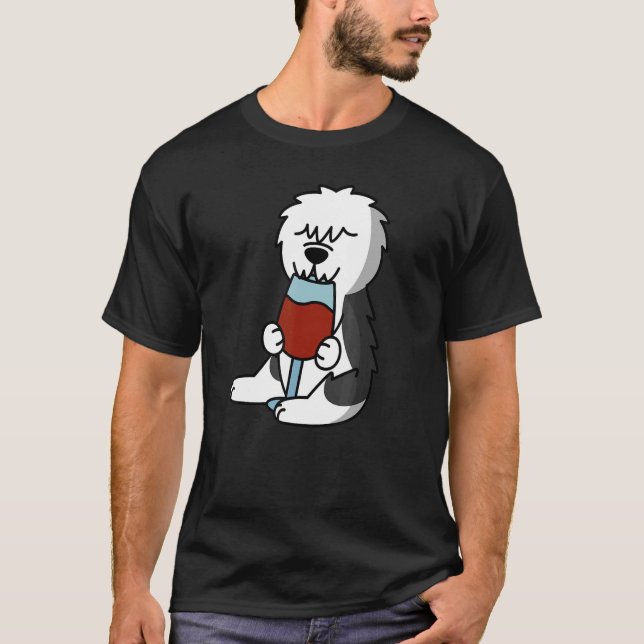Camiseta Perro pastor inglés que bebe perro de vino (Anverso)