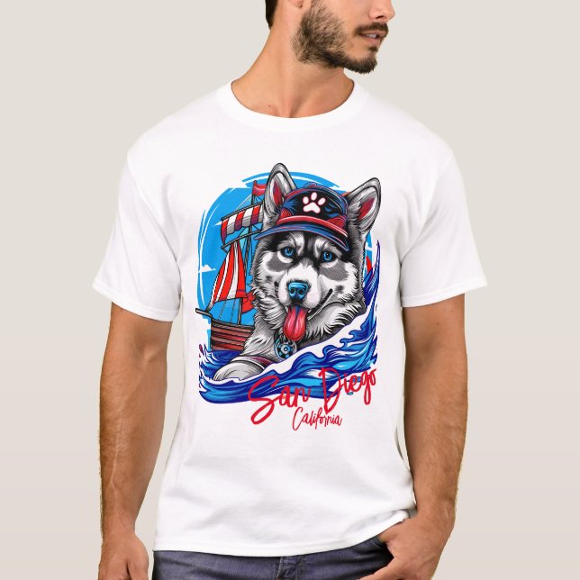 Camiseta Perro Patriótico Marítimo Husky Malamute, San Dieg (Anverso)