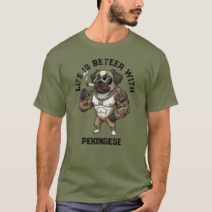 Camiseta Perro pequinés, musculoso, tatuado, culturista 