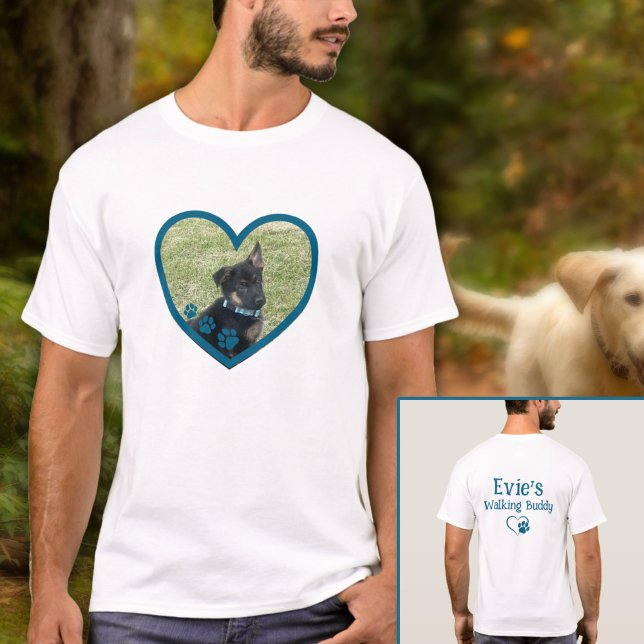 Camiseta Perro personalizado lindo caminando foto de corazó (Teal Personalized Dog Walking Buddy Heart Photo T-Shirt
)