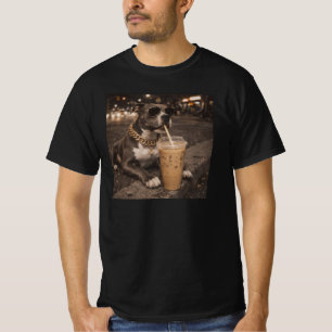 Camiseta Perro Pitbull Bebiendo Café Helado Amante de los A