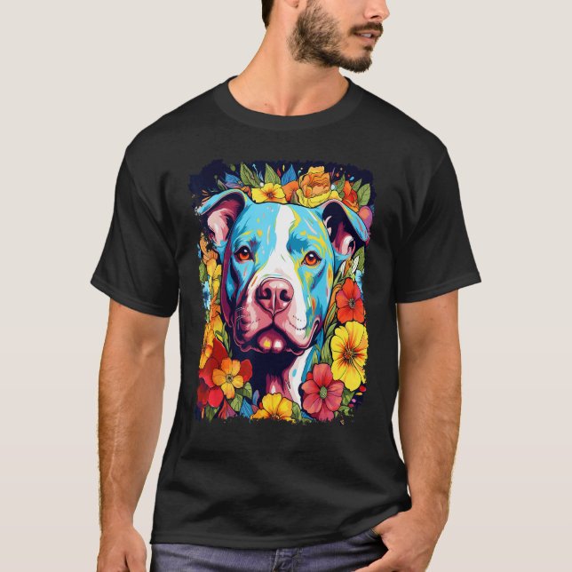Camiseta Perro Pitbull Flor Amor Paz (Anverso)