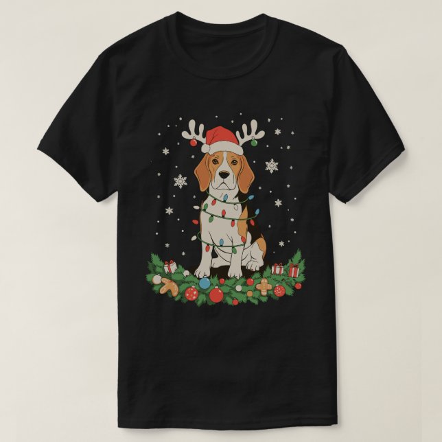 Camiseta Perro Pointer Inglés Sombrero Reno Luces de Navida (Diseño del anverso)