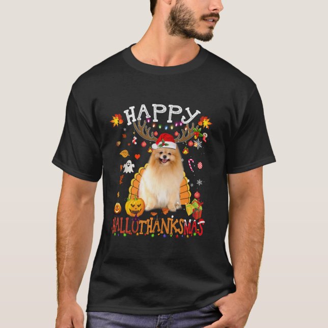 Camiseta Perro Pomerania Navidades de Halloween Perro Feliz (Anverso)