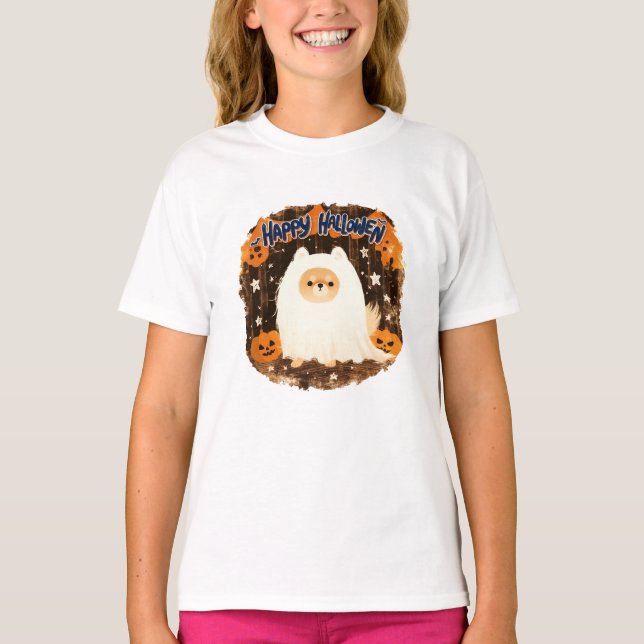 Camiseta Perro pomerano con traje fantasma - Feliz Hallowee (Anverso)